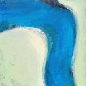 Teal and beige abstract painting with curved shoreline inspired composition