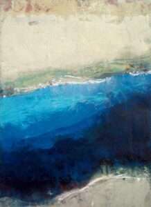 Blue and white abstract ocean painting with soft wave-like texture