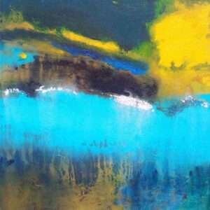 Yellow and blue ocean inspired abstract painting with bold contrast by Indian artist Amol Savant