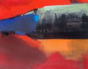 Red, blue and grey abstract painting with bold expressive strokes