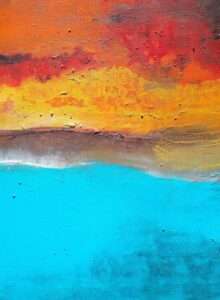 Orange and blue abstract painting inspired by sunset over ocean