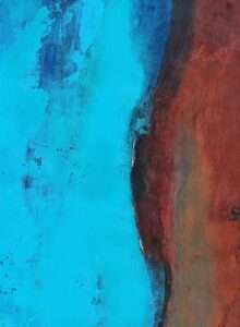 Blue and brown abstract painting with vertical texture flow
