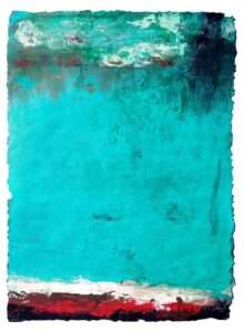 Bright turquoise abstract painting with red base accent