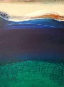 Minimal abstract painting with soft beige and blue horizon tones