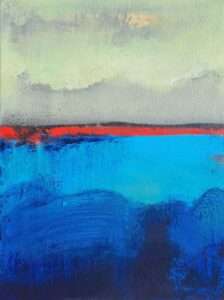Blue abstract painting with red accent line and textured layers