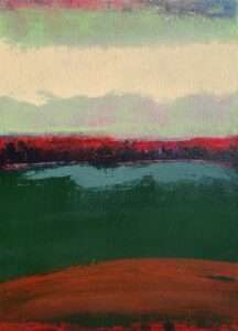 Green and red abstract landscape painting with earthy tones