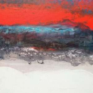 Contemporary abstract painting with red, grey and white textured layers